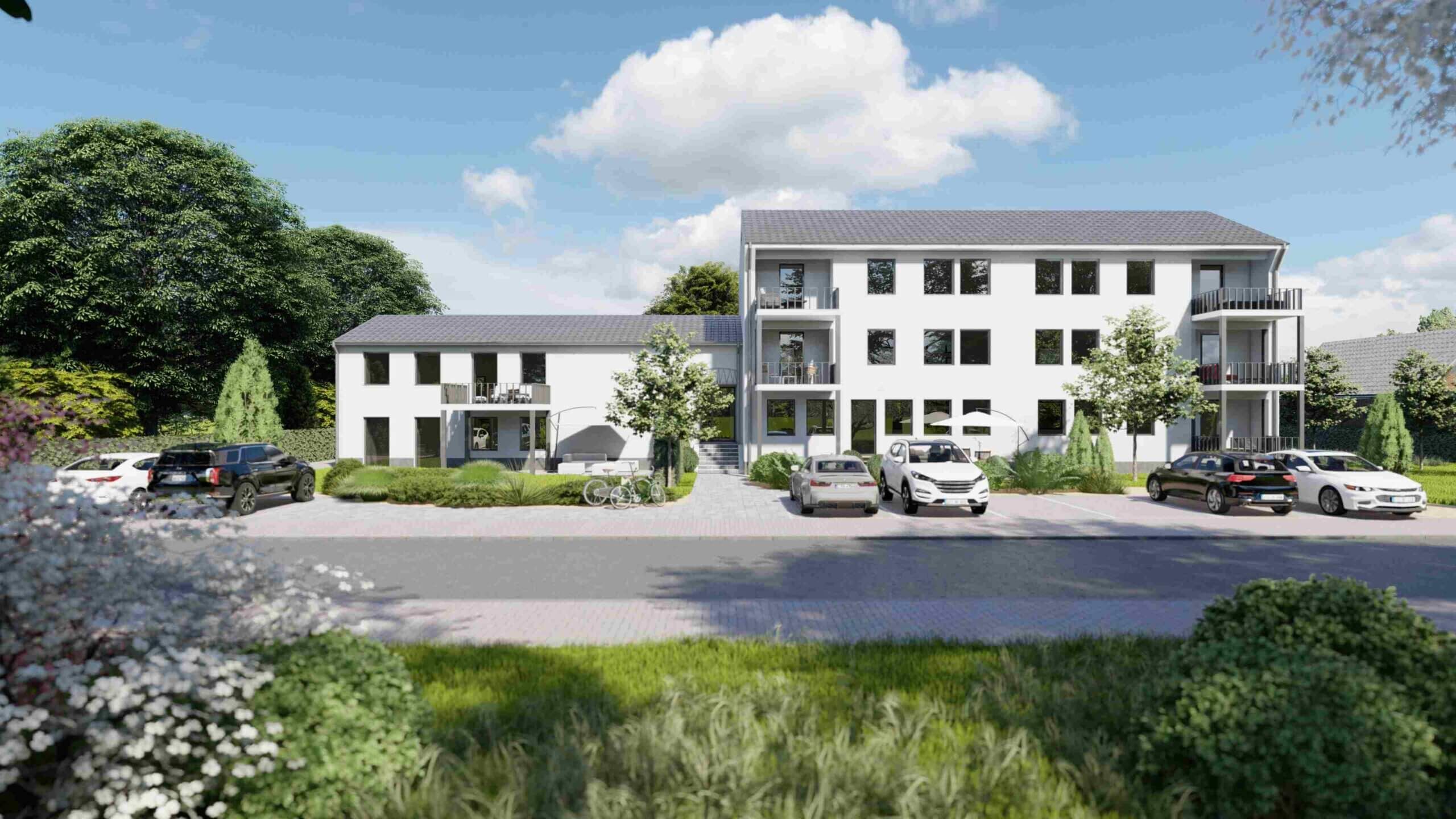 Visualisierung eines zweiteiligen Mehrfamilienhauses in idyllischer Lage