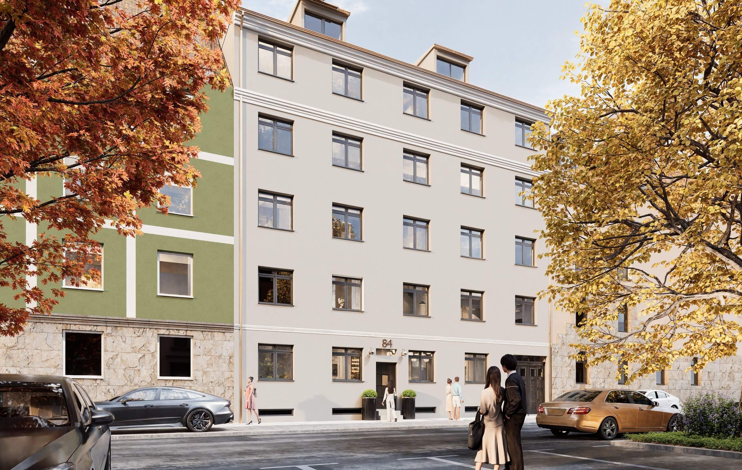 Visualisierung der Straßenansicht des sanierten Gebäudes am Hummelsteiner Weg 84 in Nürnberg