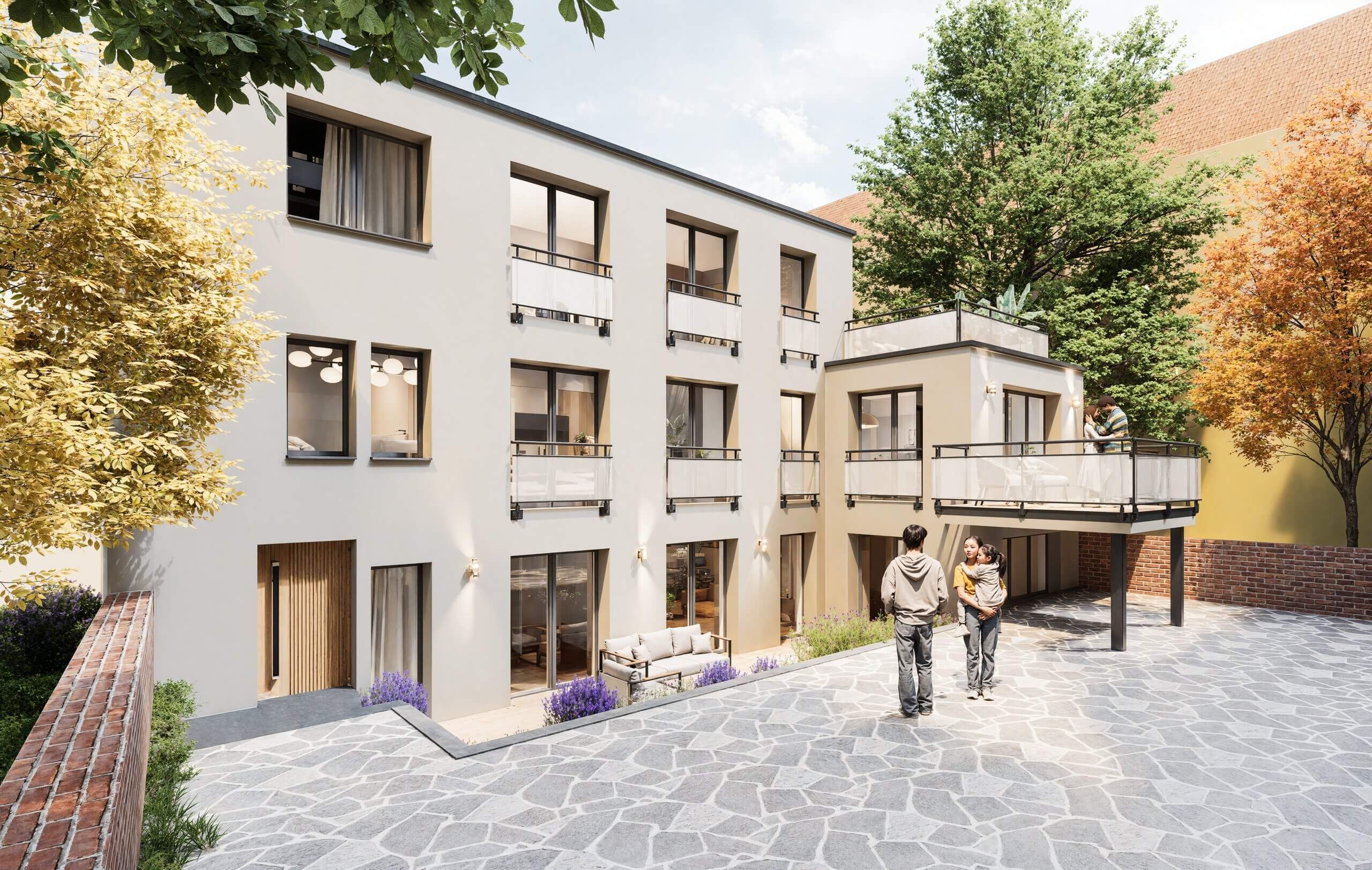 Visualisierung des Innenhofs am Hummelsteiner Weg 84 mit Terrassen und begrünten Freiflächen
