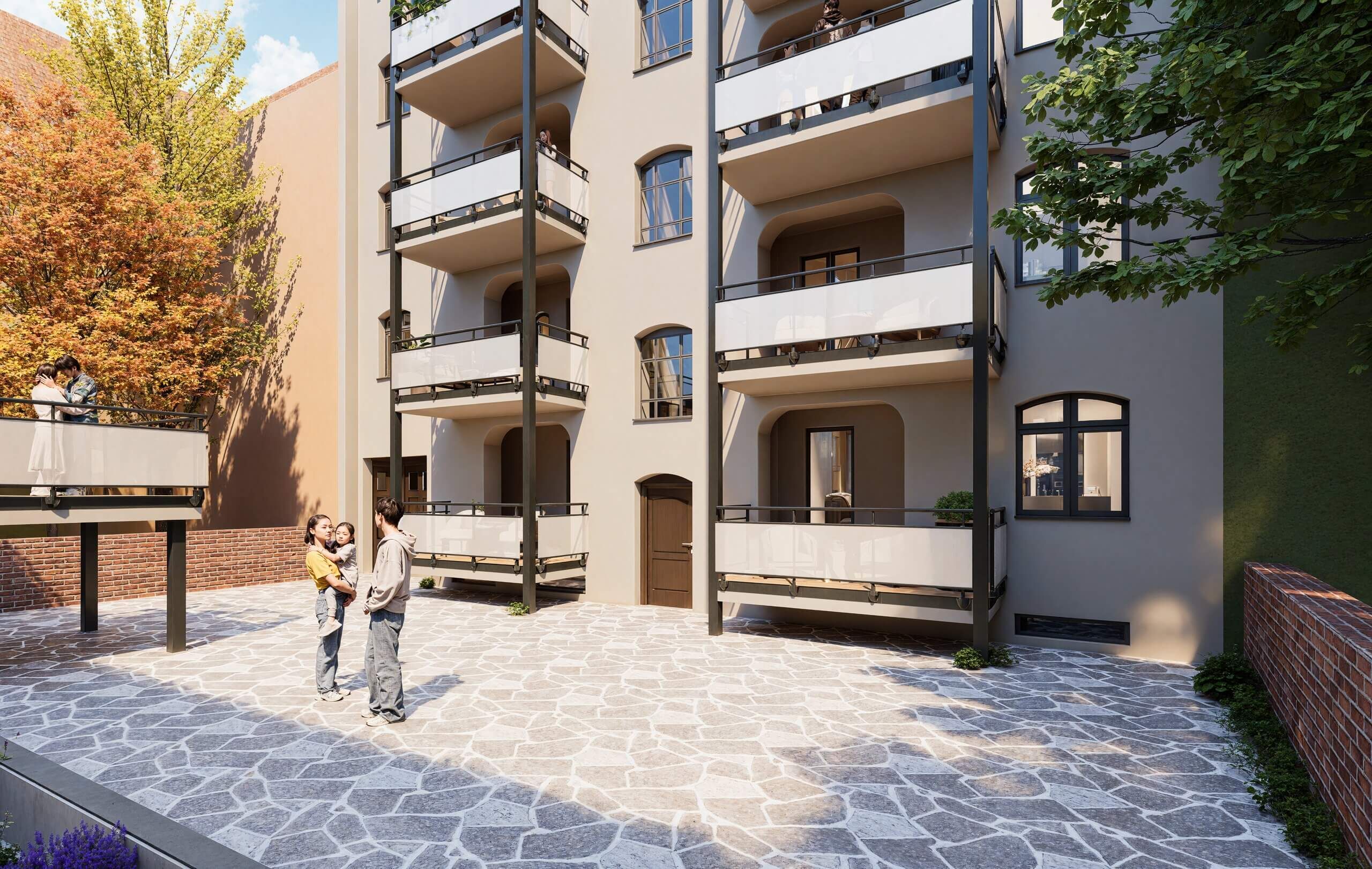 Visualisierung der Hoffassade am Hummelsteiner Weg 84 mit neuen Balkonen