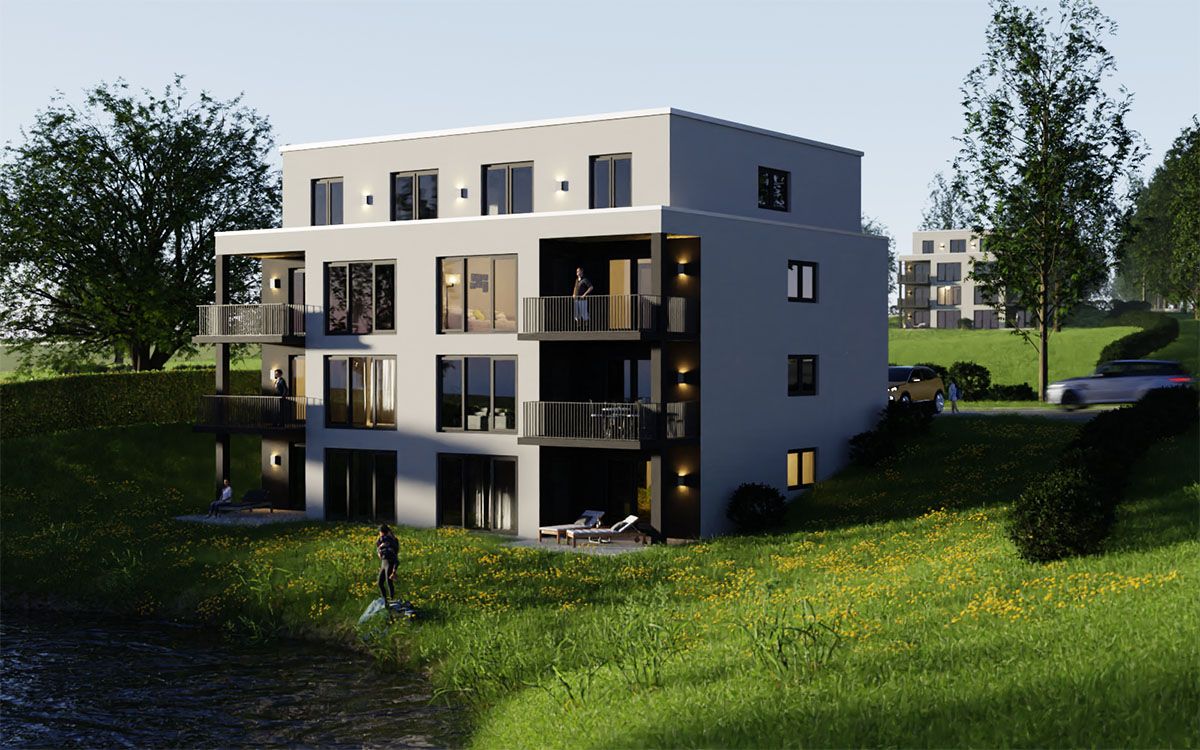 Wohngebäude von BERGER Immobilien in der Abenddämmerung