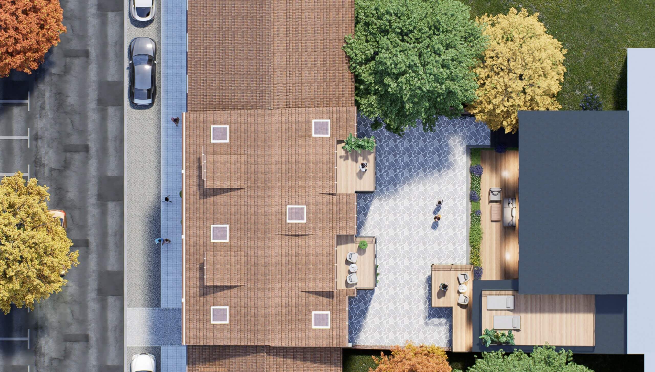 Vogelperspektive auf das Gebäude und den Innenhof am Hummelsteiner Weg 84