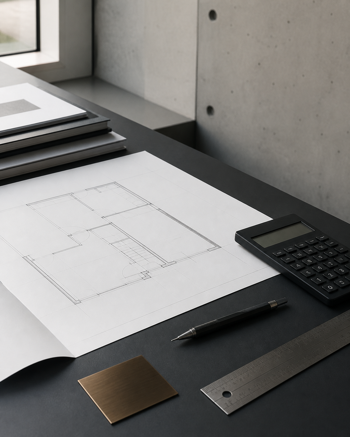 Bauplan, Rechner und Zeichenwerkzeuge auf einem Architekturtisch