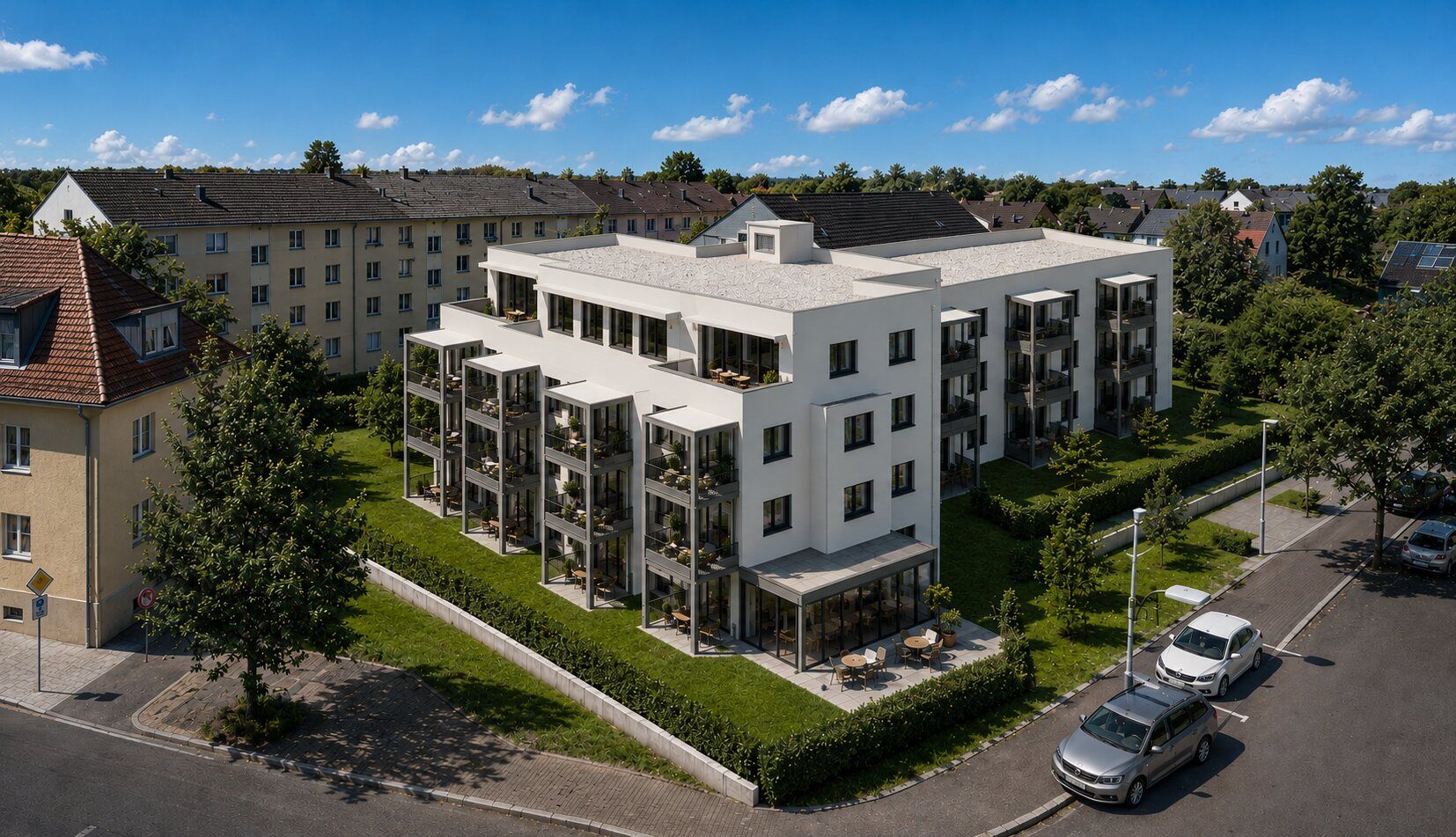 Luftansicht des Lebensquartiers Waldershof mit Servicewohnungen, Balkonen und Grünflächen