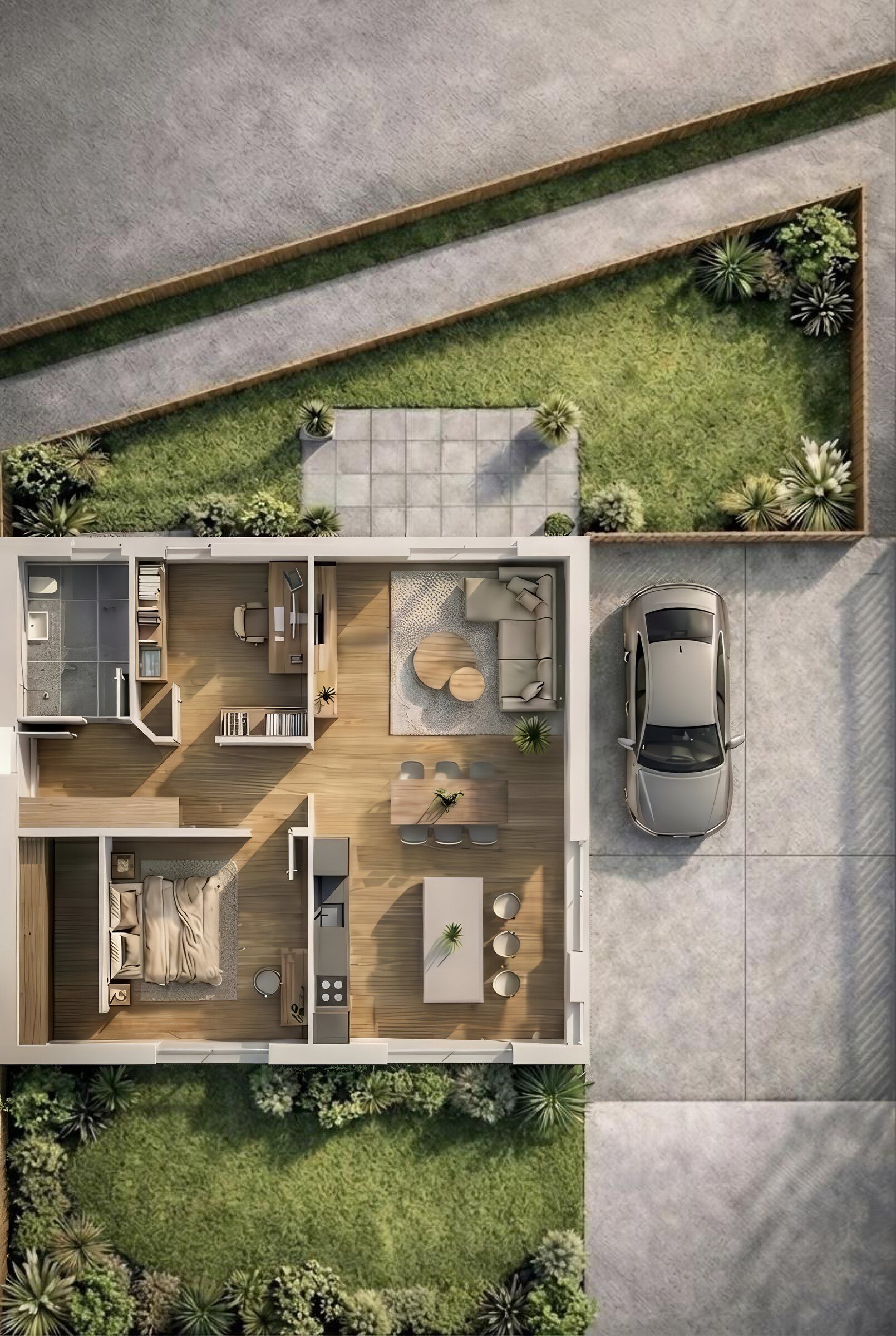 Visualisierter Grundriss von Wohnung 1 mit Garten und Terrasse