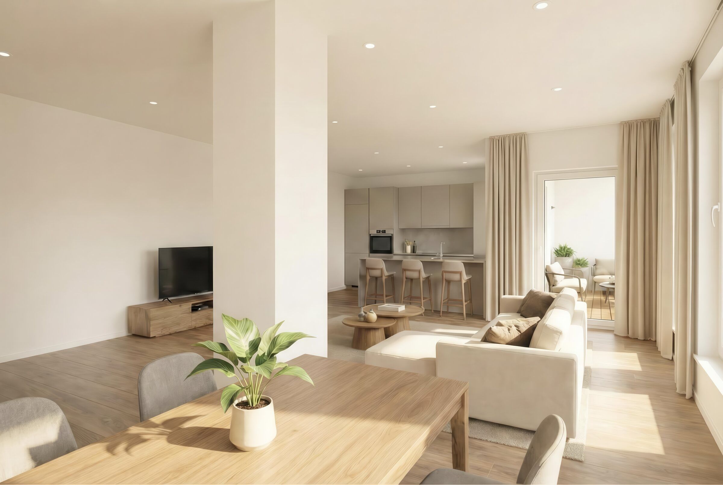 Visualisierung des hellen Wohnbereichs in Wohnung 2