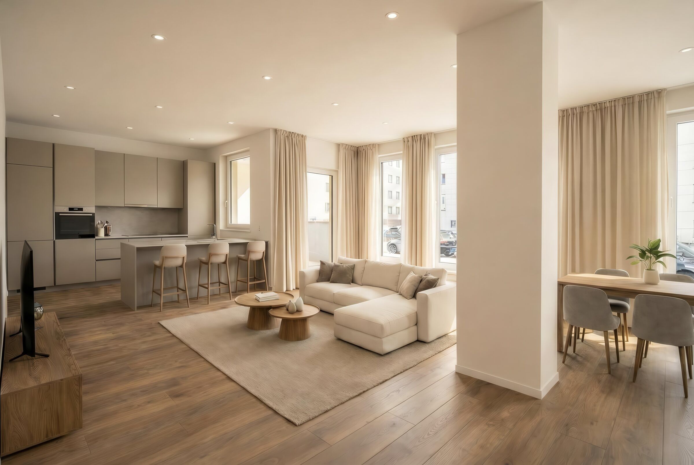 Visualisierung des offenen Wohn-, Ess- und Küchenbereichs in Wohnung 2